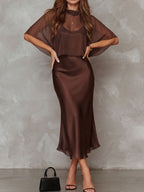 Retro Elegant Chocolate Brown Sheer Chiffon Overlay & Satin Midi Dress Set