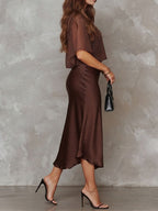Retro Elegant Chocolate Brown Sheer Chiffon Overlay & Satin Midi Dress Set