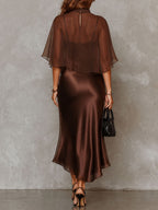 Retro Elegant Chocolate Brown Sheer Chiffon Overlay & Satin Midi Dress Set