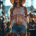 Women's Boho Fringe Top And Denim Shorts Ensemble