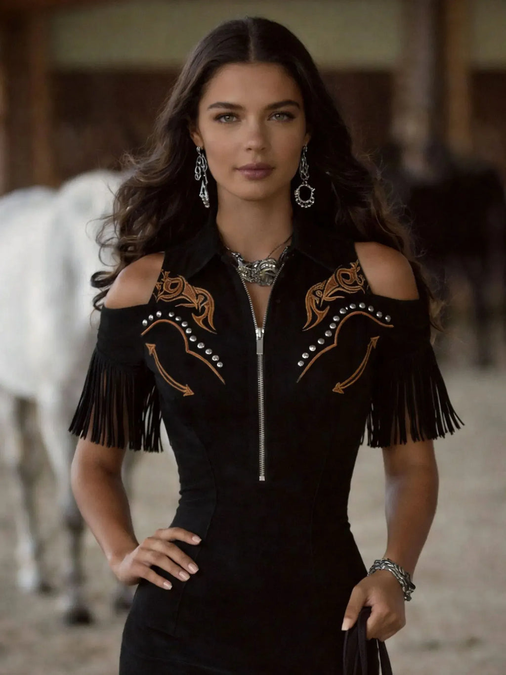[Embroidery]Women'S Retro Embroidered Studded Western Bohemian Style Tassel Mini Dress