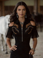[Embroidery]Women'S Retro Embroidered Studded Western Bohemian Style Tassel Mini Dress