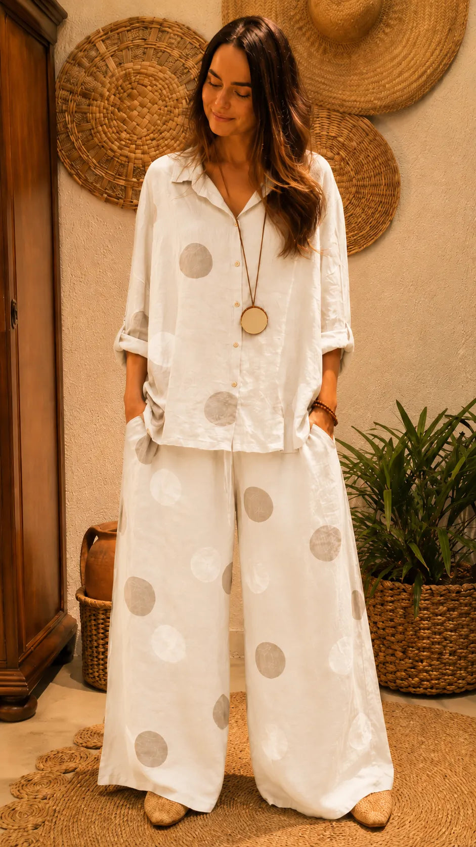 Washed Polka Dot Linen Blend Set - Oversized Button-Up Shirt & High-Waisted Wide Leg Pants Co-ord