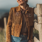 Western Suede Safari Fringe Vest With Embroidered Details For Women