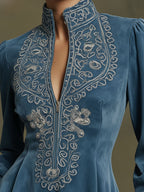 Cowgirl Outfit Ideas Western-style Retro Zipper Embroidered Blue Faux Suede Ruffle Mini Dress