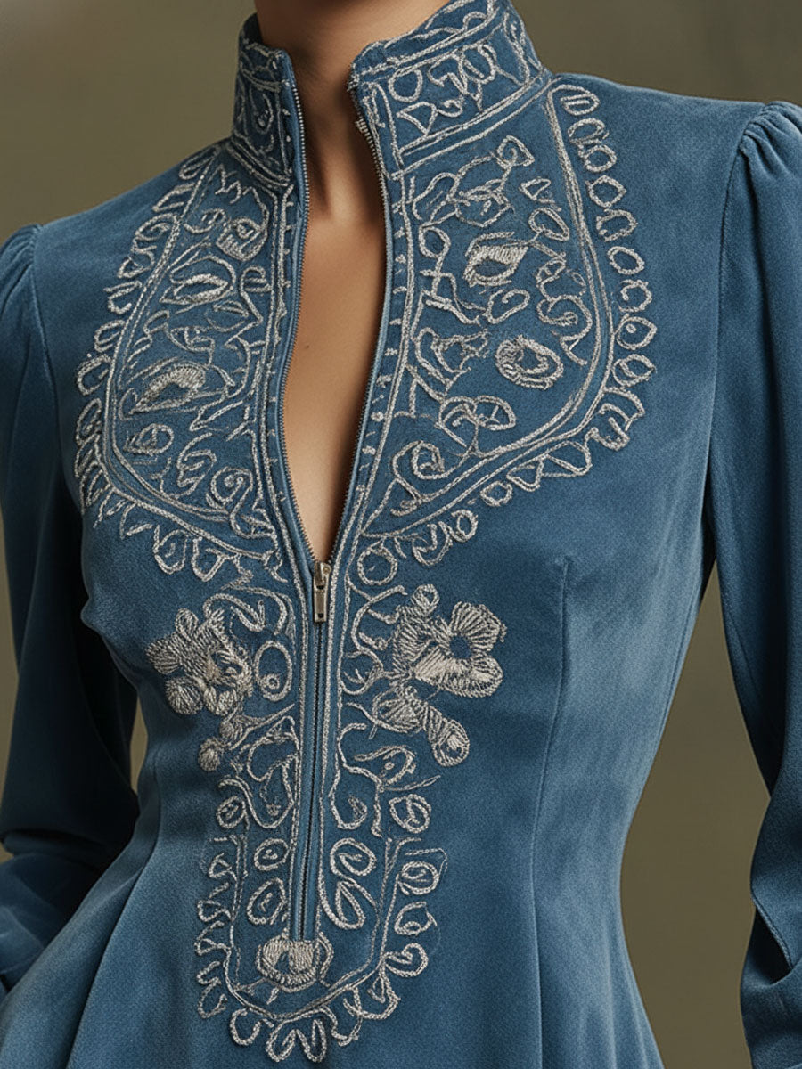 Cowgirl Outfit Ideas Western-style Retro Zipper Embroidered Blue Faux Suede Ruffle Mini Dress