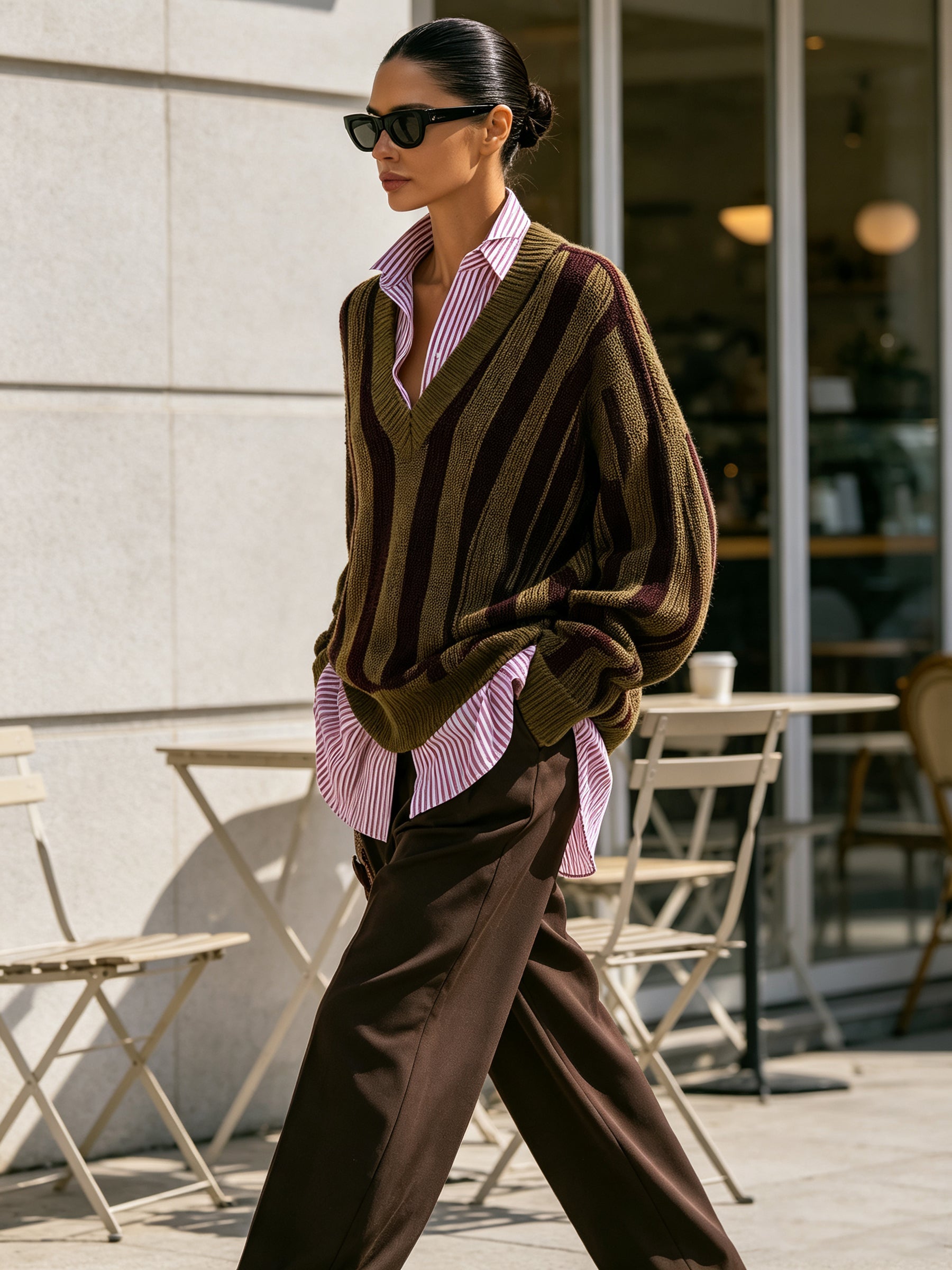 Striped V-Neck Knit Sweater