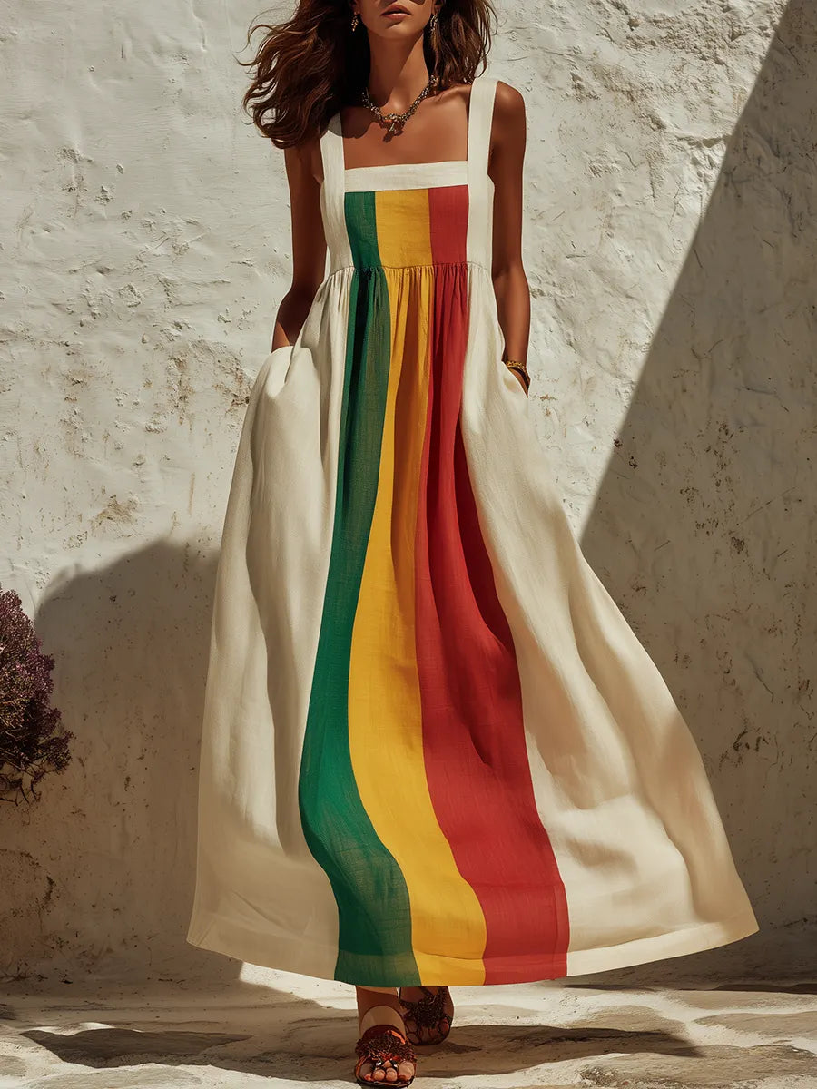 Retro Square Neck Rainbow Striped Maxi Dress