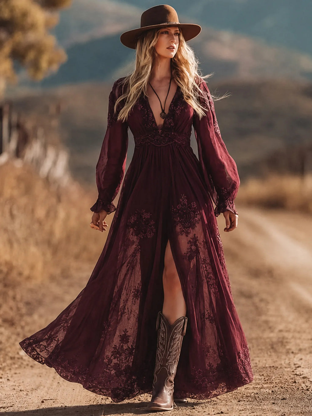 Ideal For Western Wedding Or Road Trip — Burgundy Embroidered Lace V-Neck Chiffon Boho Long Sleeve Maxi Dress