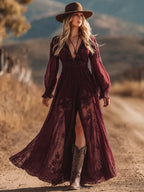 Ideal For Western Wedding Or Road Trip — Burgundy Embroidered Lace V-Neck Chiffon Boho Long Sleeve Maxi Dress