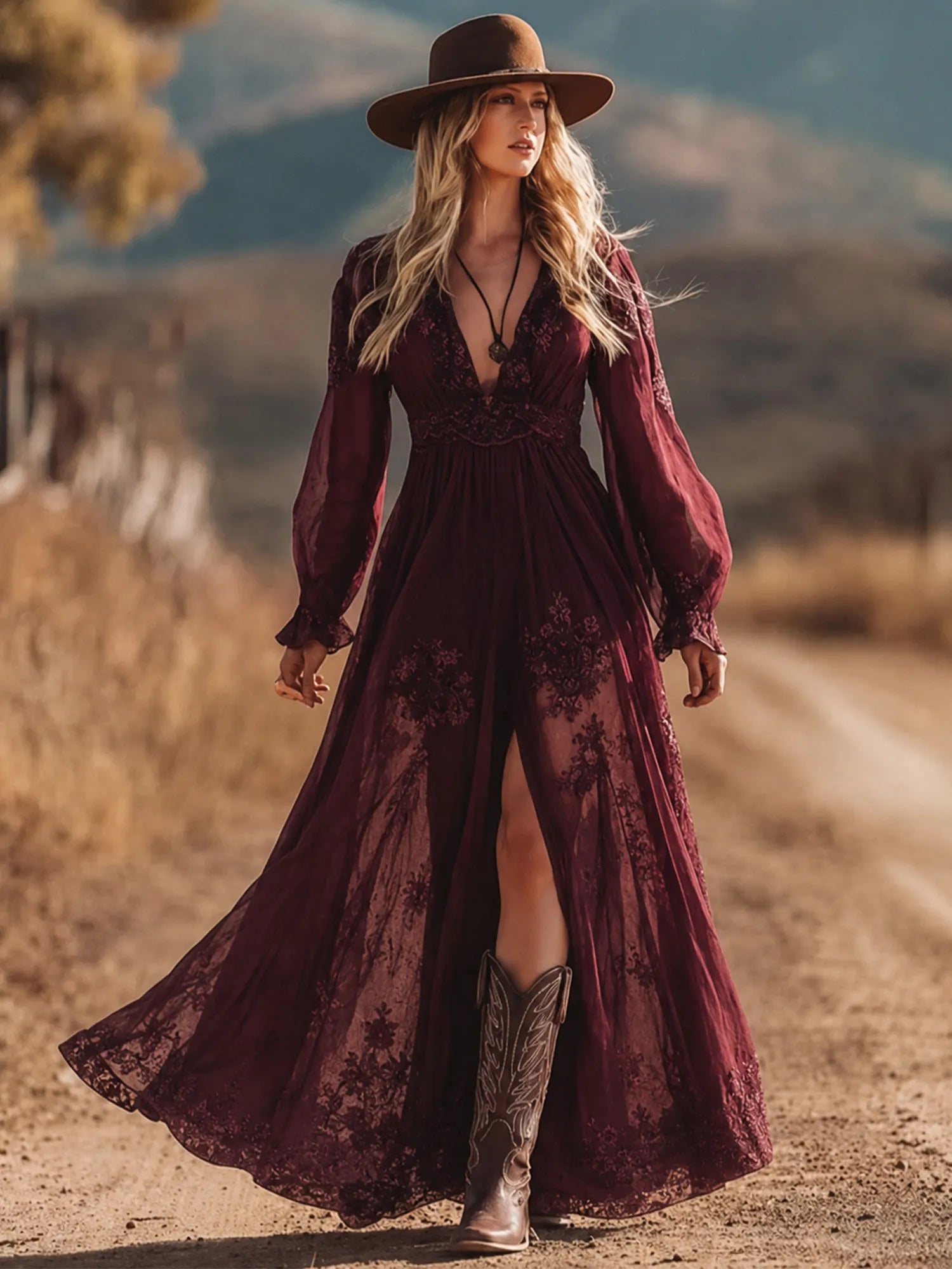 Ideal For Western Wedding Or Road Trip — Burgundy Embroidered Lace V-Neck Chiffon Boho Long Sleeve Maxi Dress