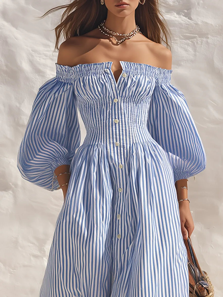 Coastal Chic Off-Shoulder Short-Sleeve Blue And White Striped Maxi Dress