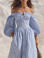 Coastal Chic Off-Shoulder Short-Sleeve Blue And White Striped Maxi Dress