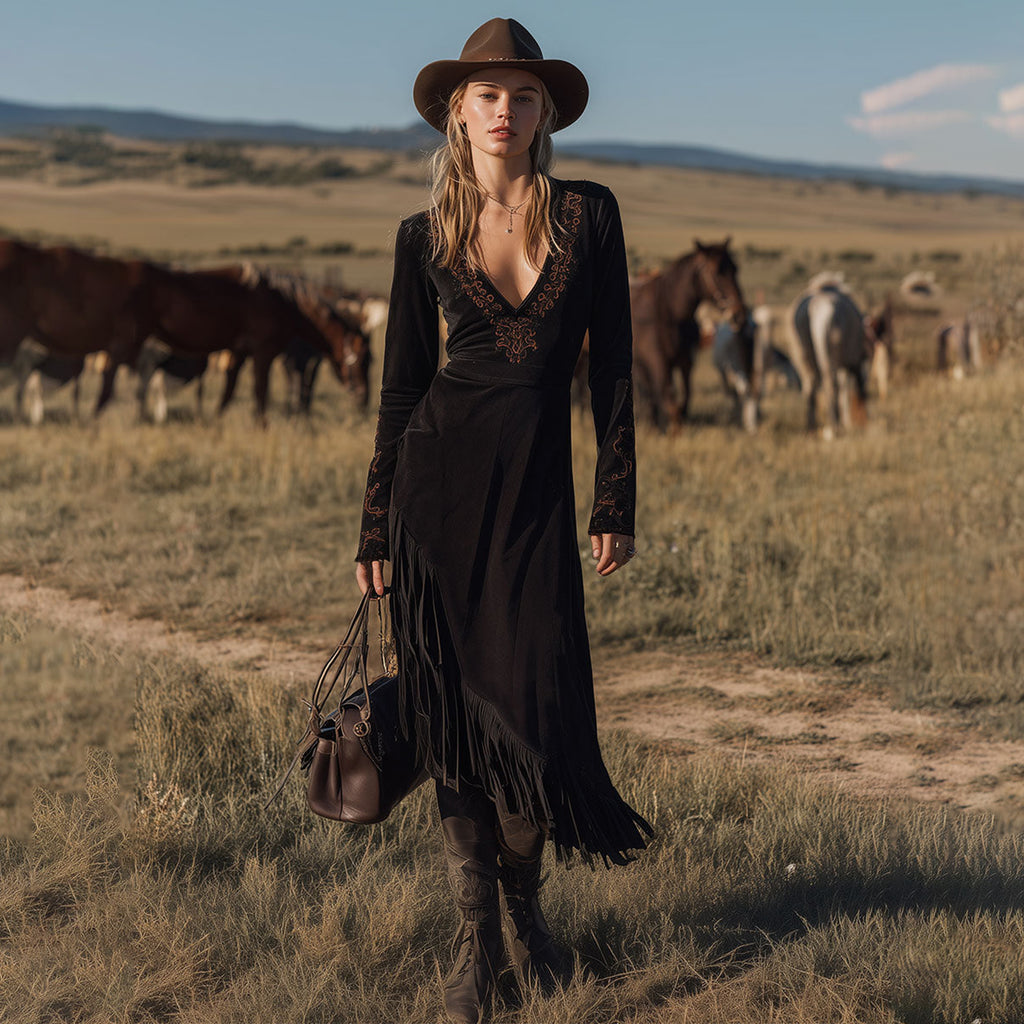 Women's Western Country Retro Velvet Ethnic Print Dress