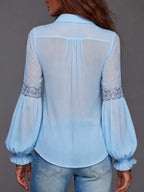 Boho Sheer Lace Trim Puff Sleeve Shirt