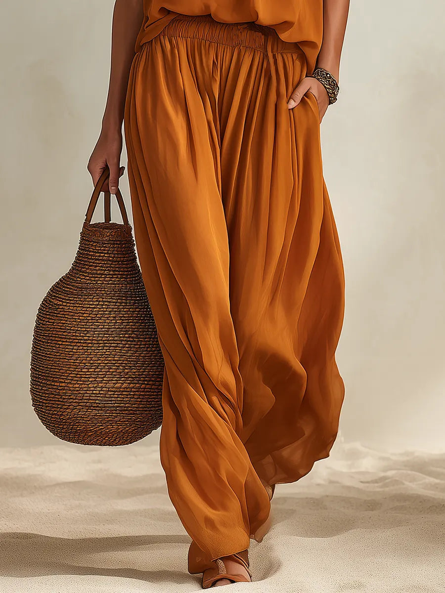 Resort-style Sleeveless A-line Top And Trousers Set