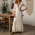 Women's Spring/Summer Bohemian-Style Apricot Floor-Length Dress — Featuring Water-Soluble Lace, V-Neckline, And Flared S