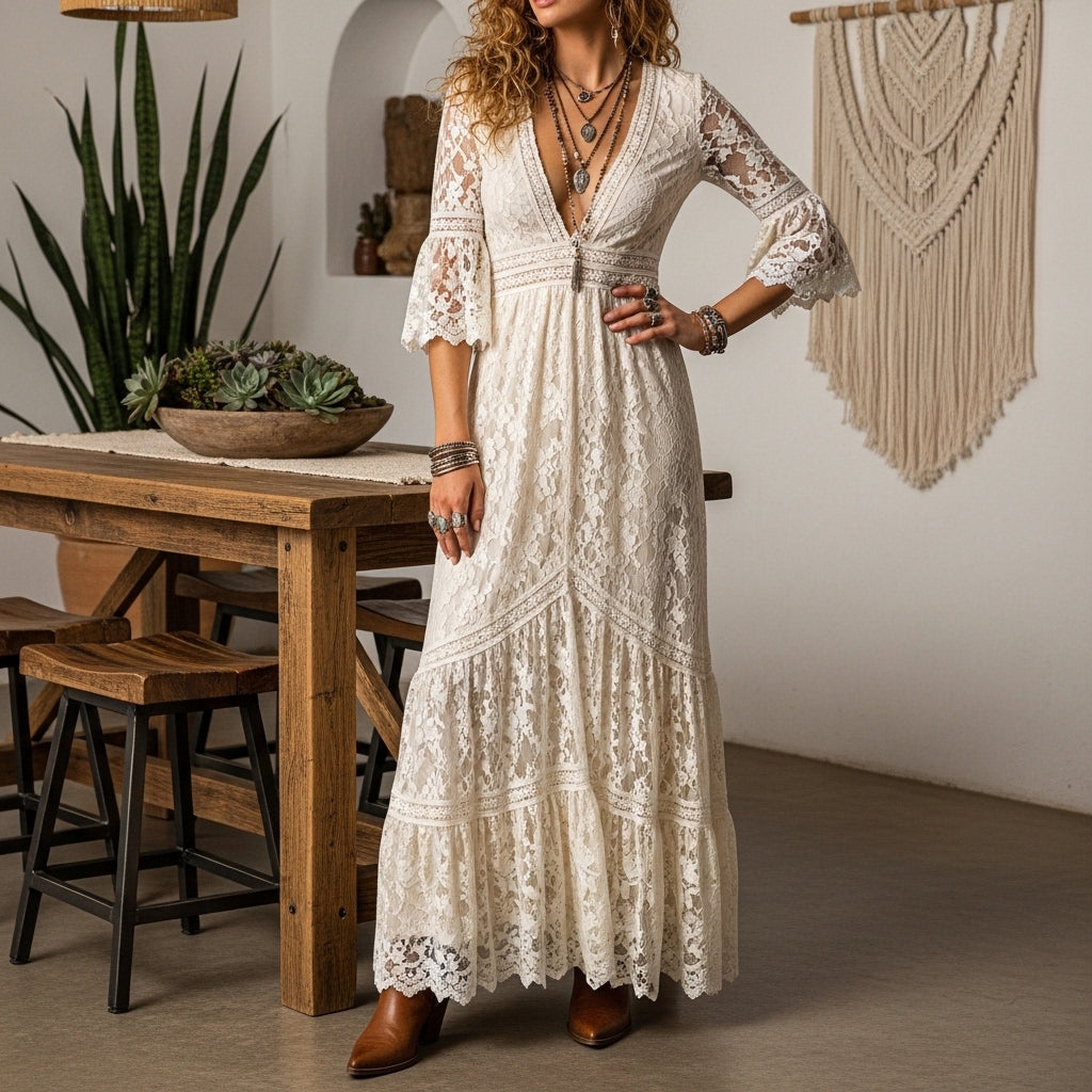 Women's Spring/Summer Bohemian-Style Apricot Floor-Length Dress — Featuring Water-Soluble Lace, V-Neckline, And Flared S
