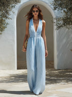 Resort-style Sleeveless Striped V-neck Jumpsuit