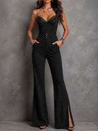 Retro Elegant Black Pinstripe Lace Panel Flare Leg Jumpsuit