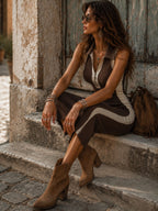 Classic Retro Color Block Ribbed Knit Collar Half Zip Midi Dress