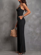 Retro Elegant Black Pinstripe Lace Panel Flare Leg Jumpsuit