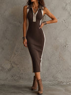 Classic Retro Color Block Ribbed Knit Collar Half Zip Midi Dress