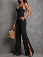 Retro Elegant Black Pinstripe Lace Panel Flare Leg Jumpsuit