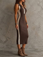 Classic Retro Color Block Ribbed Knit Collar Half Zip Midi Dress