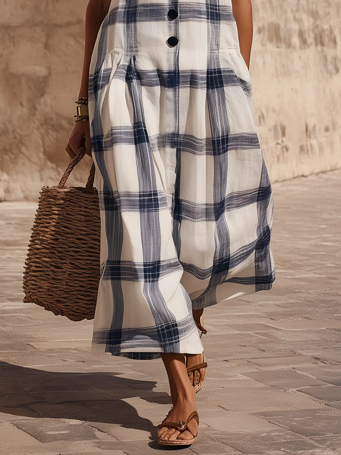 Cottagecore Navy Plaid Linen Sleeveless Shirt Midi Dress