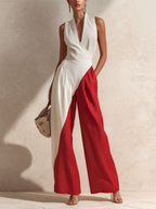 Two-Tone Color Block Wrap V-Neck Linen Wide-Leg Jumpsuit