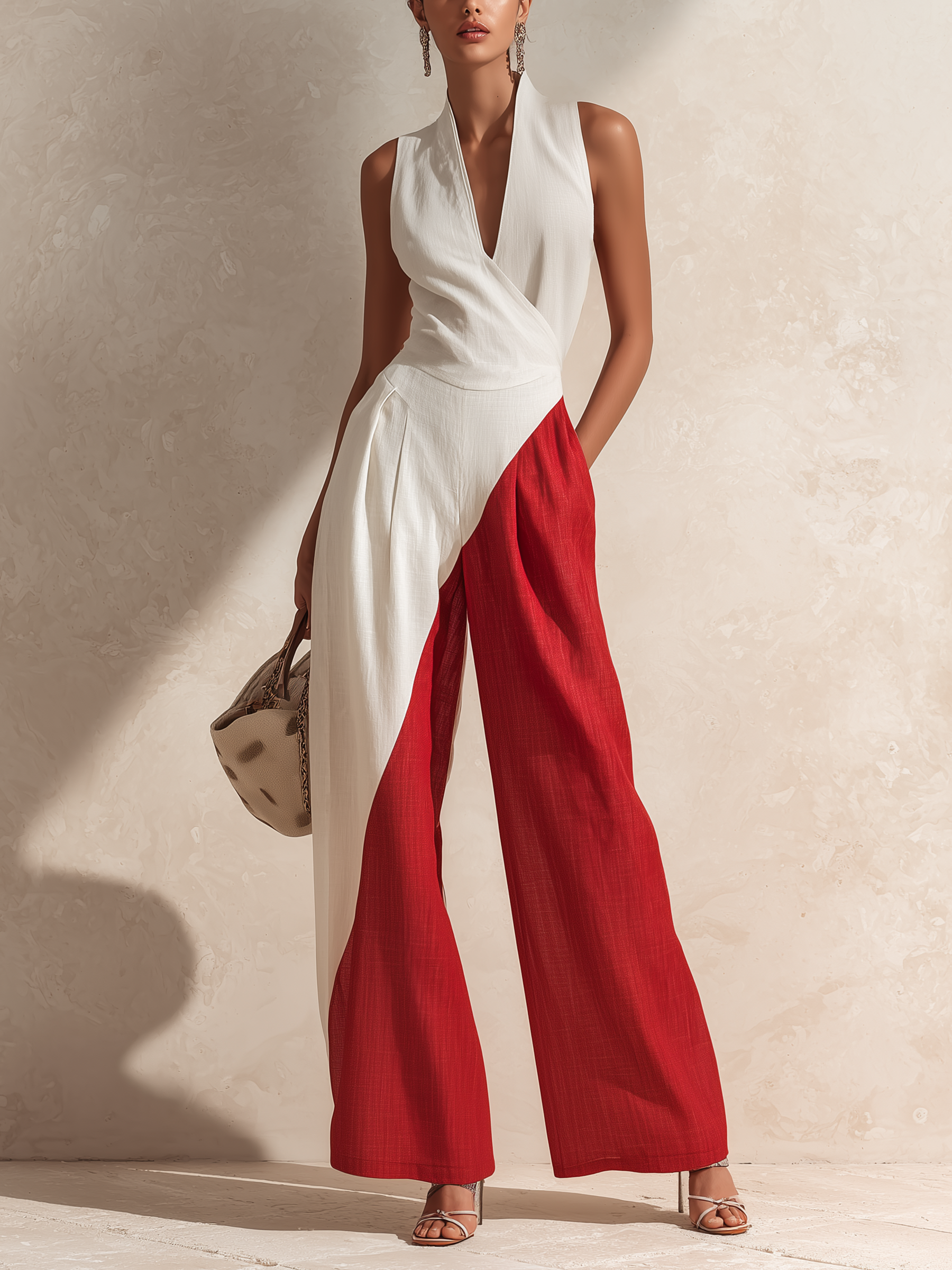 Two-Tone Color Block Wrap V-Neck Linen Wide-Leg Jumpsuit