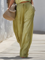 Bohemian Style Green Polka Dot Satin One-Shoulder Top & Wide-Leg Pants Set