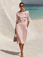 Retro Elegant Boat Neck Three-quarter Sleeve Solid Color Cotton Linen Midi Dress