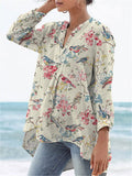 Damen Bluse Leinen V-Ausschnitt Blumenprint