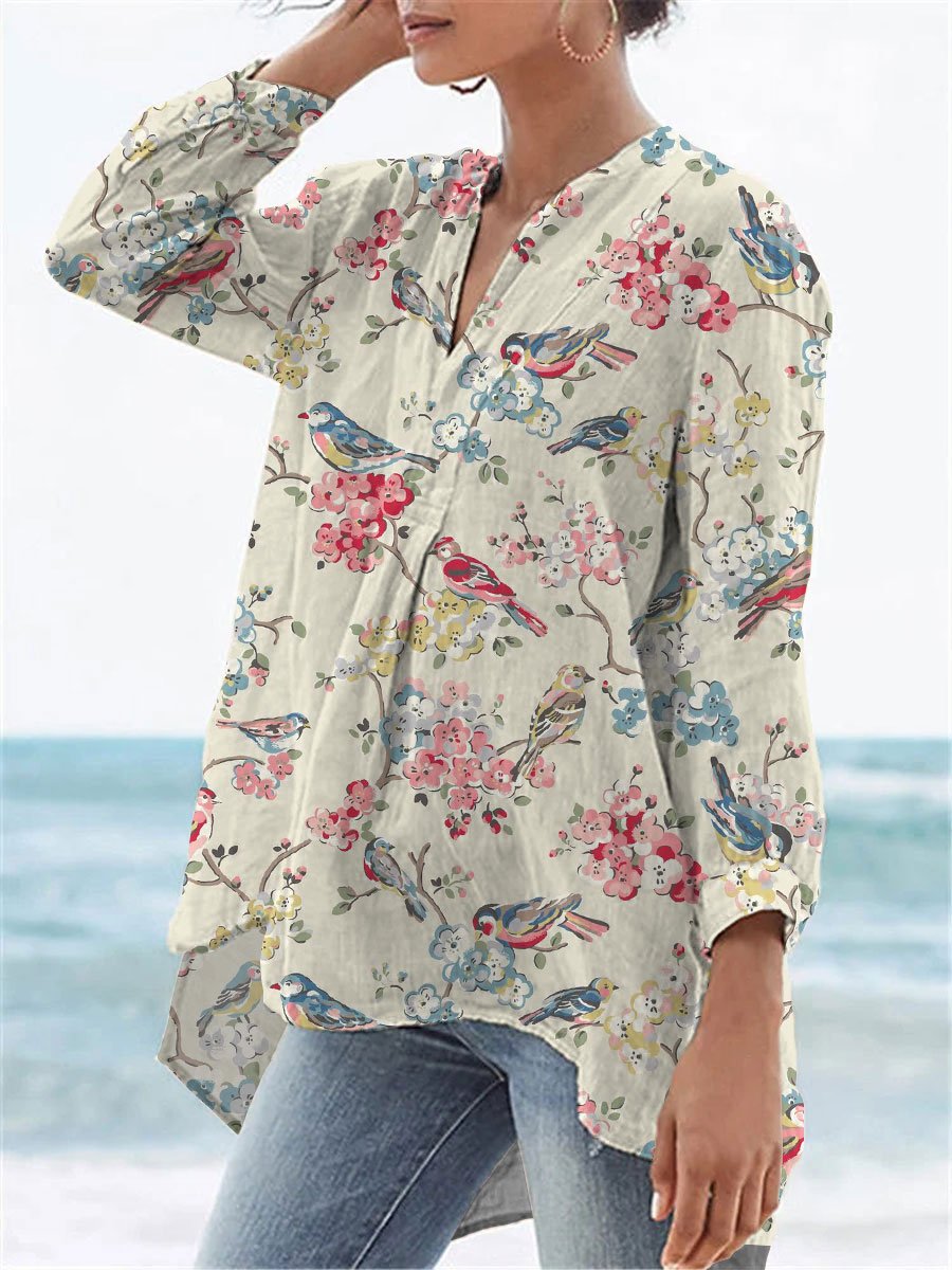 Damen Bluse Leinen V-Ausschnitt Blumenprint