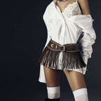 Women's Vintage Stylish Fringed Belted White Shirt Dress With Lace Detailing