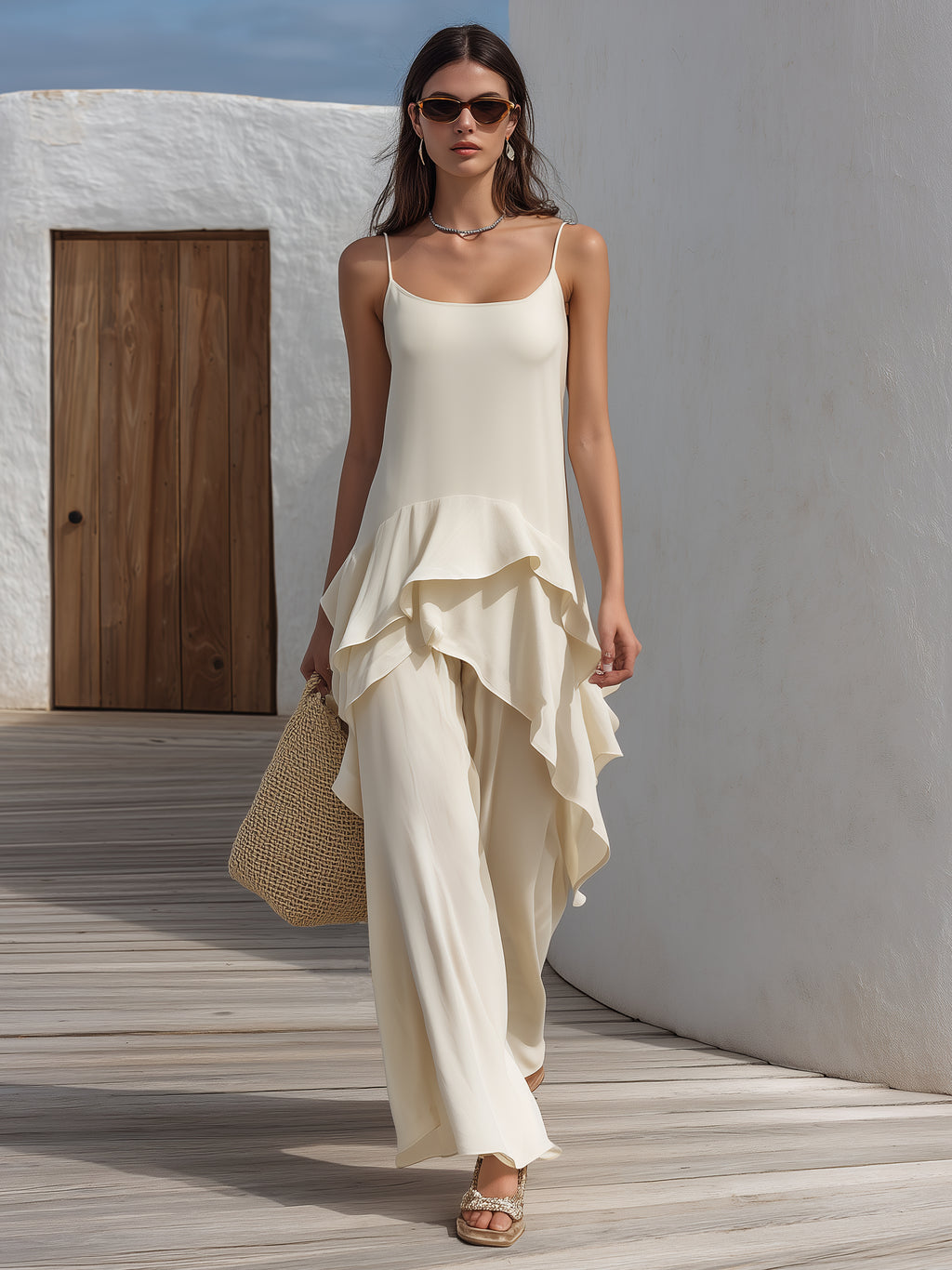 Minimal Resort Ivory Tencel Roman Knit Layered Ruffle Slip & Wide Leg Two-Piece Set