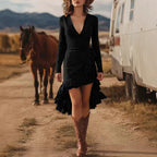 High-Low Ruffle Wrap Dress With Long Sleeves And Deep V-Neckline