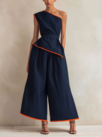 Asymmetric One-Shoulder Contrast Orange Piping Belted Wide Leg Two-Piece Set