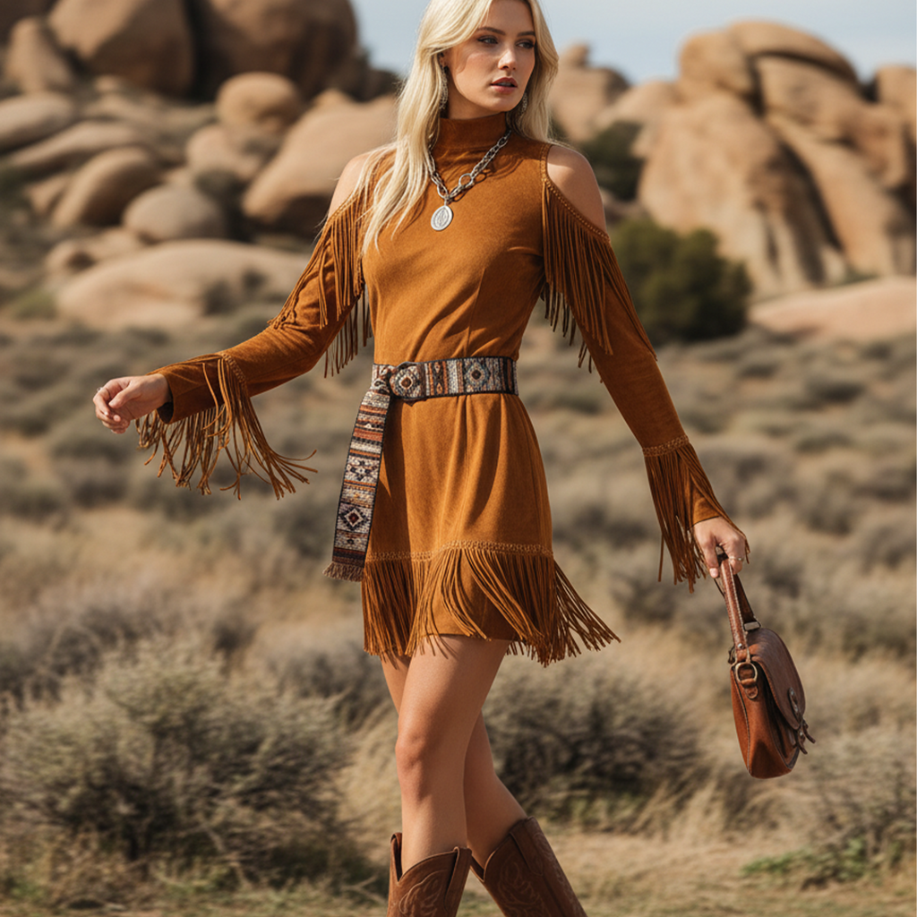 Women's Vintage Boho Fringe Dress With Ethnic Belt
