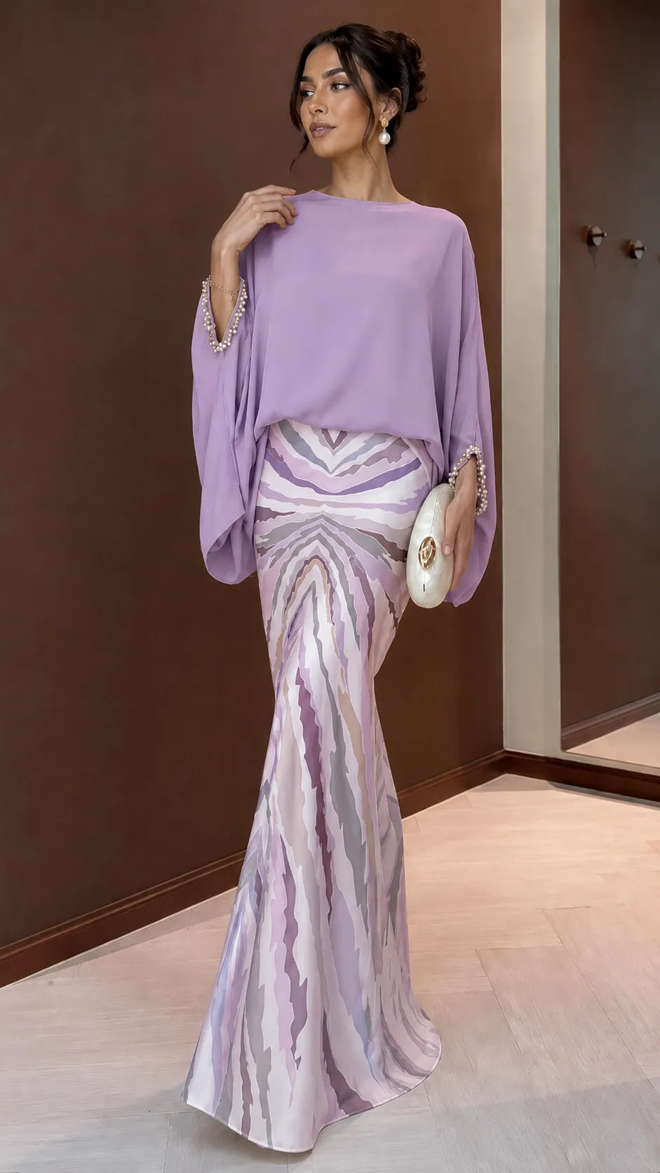 Boho Chic Color Block Maxi Dress - Oversized Top & Mermaid Printed Skirt Set with Bracelet Sleeves