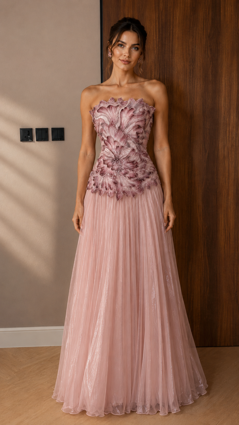 Strapless Appliqué Tulle Evening Gown - Pleated A-Line Formal Maxi Dress