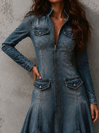 Boho Western Washed Denim Zipper Midi Dress With Asymmetric Frayed Hem