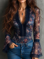 Boho Navy Floral Mesh Lace Trim V Neck Flare Sleeve Blouse