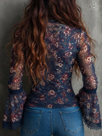 Boho Navy Floral Mesh Lace Trim V Neck Flare Sleeve Blouse
