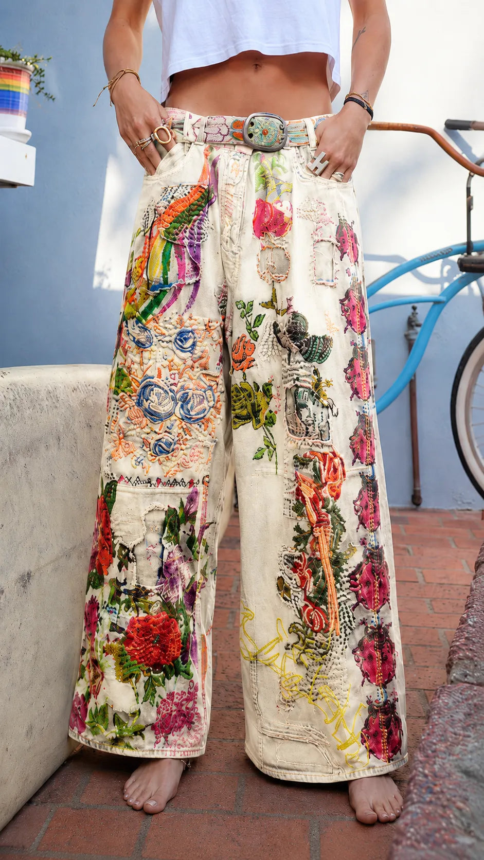 Bohemian Patchwork Floral Embroidered Wide Leg Jeans - Vintage Baggy Denim Pants