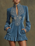 Cowgirl Outfit Ideas Western-style Retro Zipper Embroidered Blue Faux Suede Ruffle Mini Dress
