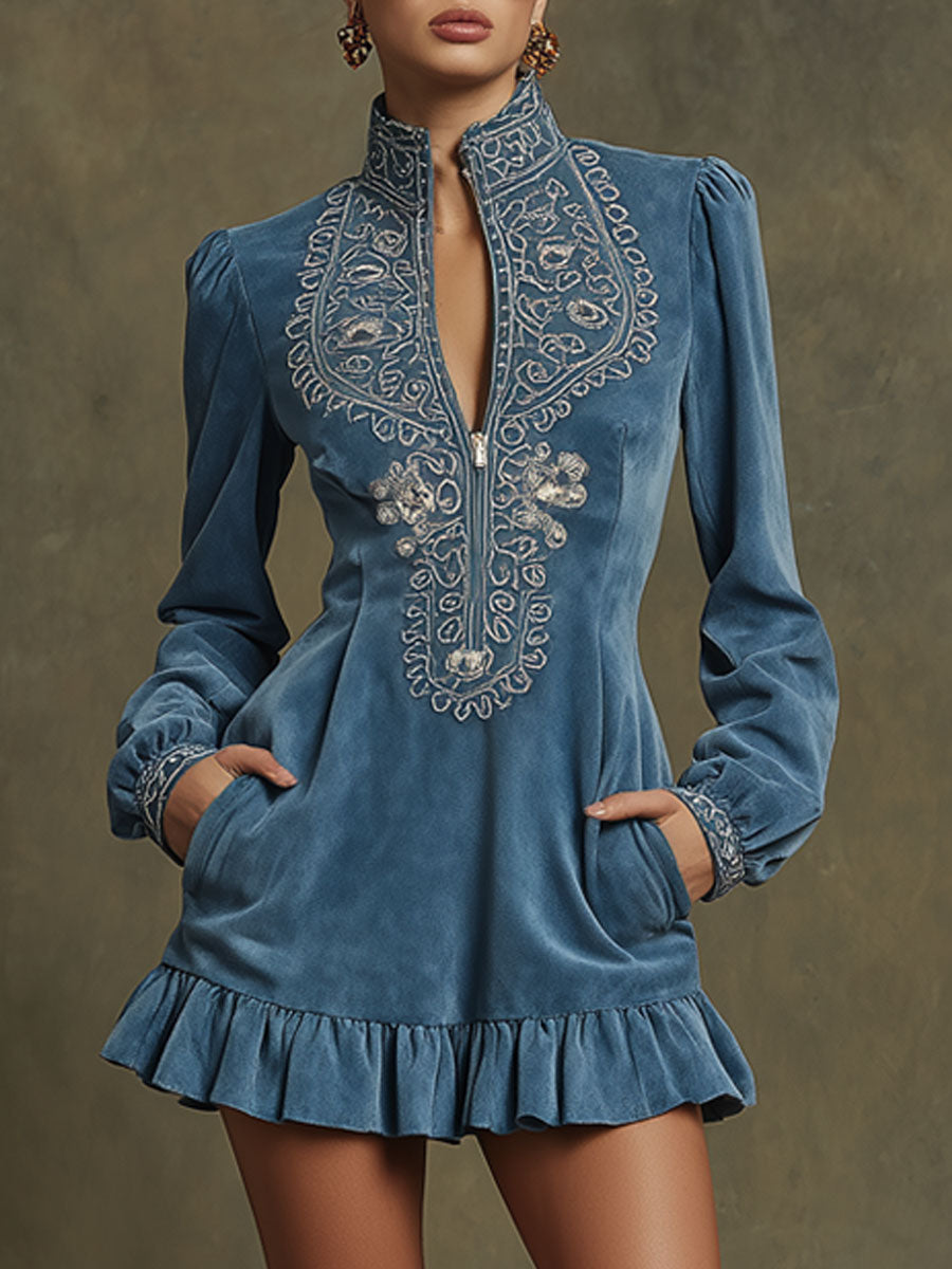 Cowgirl Outfit Ideas Western-style Retro Zipper Embroidered Blue Faux Suede Ruffle Mini Dress