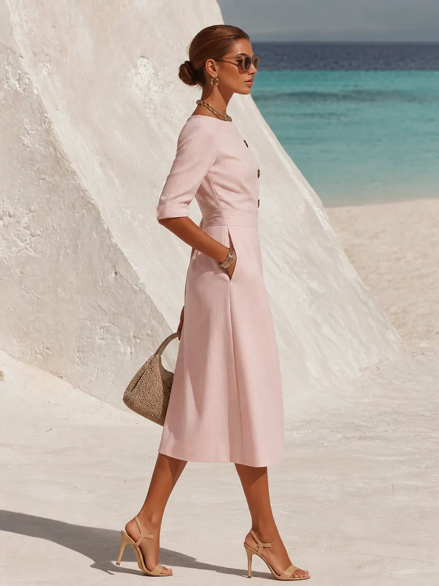 Retro Elegant Boat Neck Three-quarter Sleeve Solid Color Cotton Linen Midi Dress